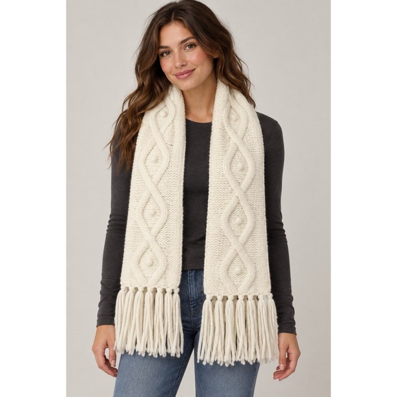 aerie Accessories - Aerie Scarf Womens Ivory Cream Chunky Cable Knit Bobble Tassel Fringe Winter